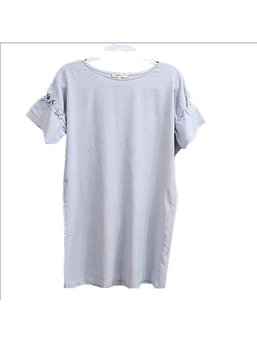 MADEWELL BLUE AND WHITE PIN STRIPE DRESS LACE UP SLEEVE DETAIL SHORT SLEEVE XXS